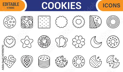 Tasty dessert and cookie line icons pack, editable stroke vector for bakery and snack themes