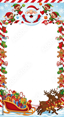 A vibrant Christmas border featuring Santa, elves, reindeer, sleigh with gifts, gingerbread men, and stockings, perfect for holiday greetings.