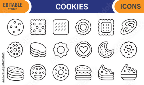 Flat minimal line icons of cookies, biscuits, and snacks for food and dessert design