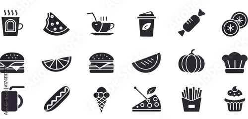 Collection of black and white food icons representing various meals snacks and culinary elements 100 char