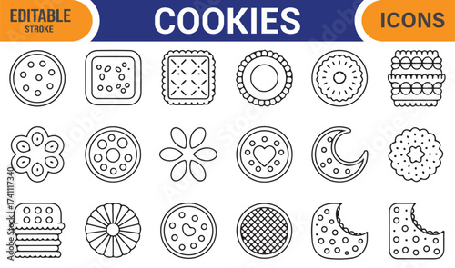 Sweet cookies vector icons set, clean outline collection for food and culinary illustrations