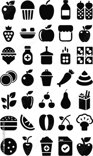Black and white food icons arranged in a grid showcasing various healthy and unhealthy food options