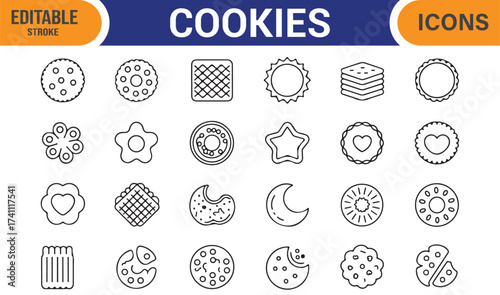 Bakery and cookie icon pack, outline vector collection for food, snack, and pastry designs