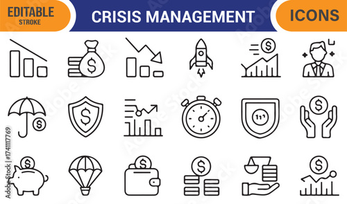 Risk and finance management vector pack, line icon collection for economy and recovery design