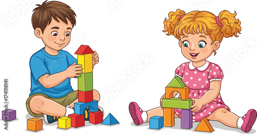 Children playing blocks, educational activity, colorful toys, creativity, motor skills, pink dress, blue shirt, indoor fun, learning playtime, teamwork
