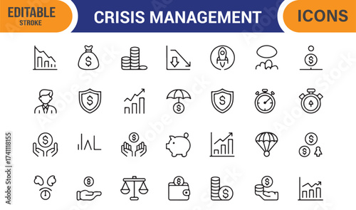 Financial safety and crisis prevention icon pack, vector collection of business line elements