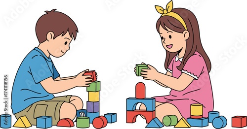 Children playing blocks, educational activity, colorful toys, creativity, motor skills, pink dress, blue shirt, indoor fun, learning playtime, teamwork