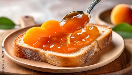 apricot jam on bread a close up shot of a delicious slice of bread being generously spread with a vibrant apricot jam a spoon held above creating a mouthwatering display of culinary delight