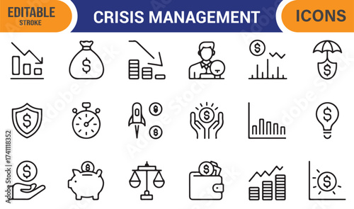 Economic crisis and investment protection icons, minimal line art for business illustrations