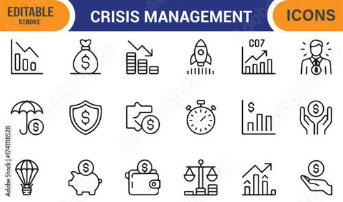 Business crisis and recovery icon pack, line vector collection for economic and financial themes