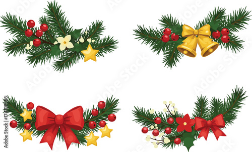 Christmas decorations set, pine branches, red berries, festive ornaments, holiday design, winter celebration, realistic illustration, seasonal decor, traditional elements