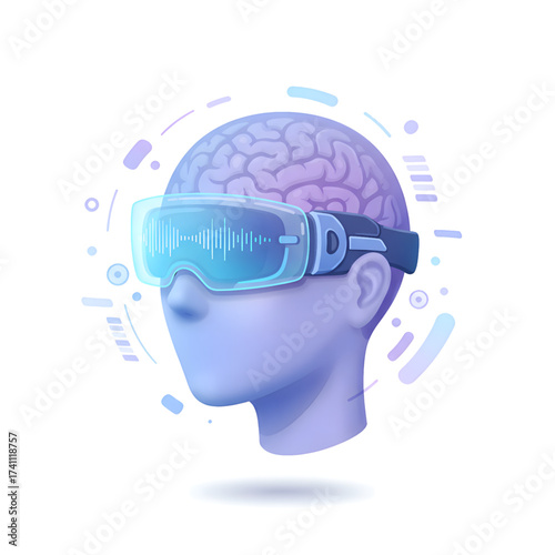 Purple head with futuristic VR glasses and blue display 