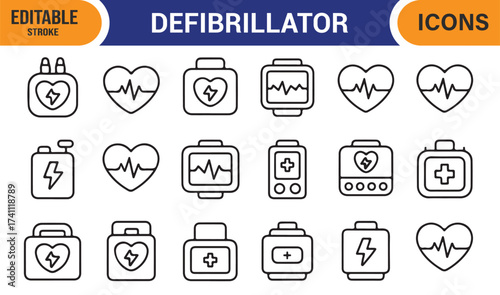 Flat line vector icons of defibrillator, AED, and medical pulse monitor for healthcare design