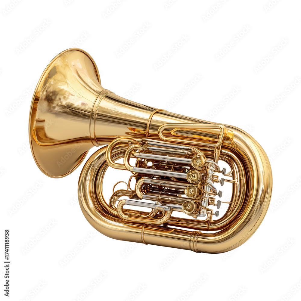 Obraz premium Golden brass tuba musical instrument isolated on transparent White background png