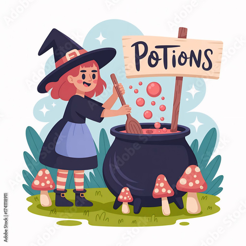 Two Cute Young Witches Making Potions Together Outdoors