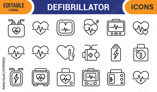 Medical device and heart monitor vector icons set, outline symbols for life-saving tools