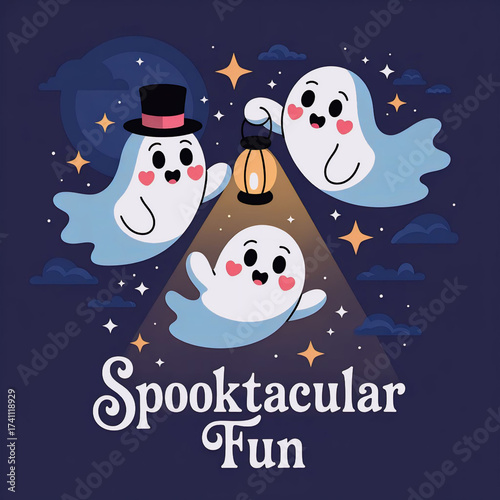 Cute Ghosts and Witch with Spooktacular Fun Halloween Slogan