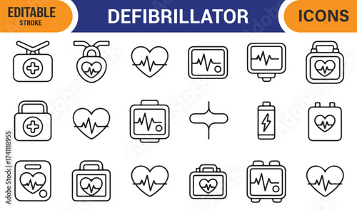 Cardiac resuscitation and defibrillator icons, editable stroke vector for health care projects