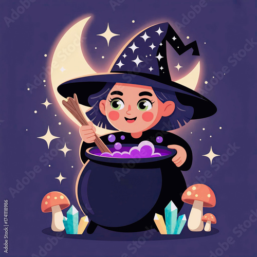 Cute Cartoon Witch Stirring a Cauldron under a Crescent Moon