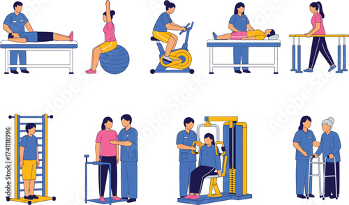 Physiotherapy rehabilitation exercises, medical treatment training, patient recovery with therapist, physical therapy equipment, healthcare support, 