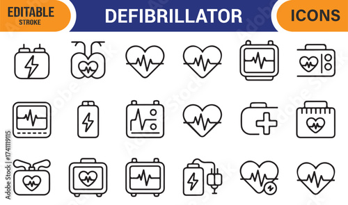 Healthcare and heart monitor icons, vector line set of AED, pulse, and ECG equipment