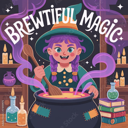 Cute Cartoon Witch Brewing a Potion