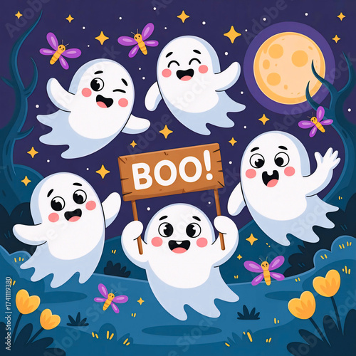 Three Cute Cartoon Ghosts Saying Boo for Halloween Night