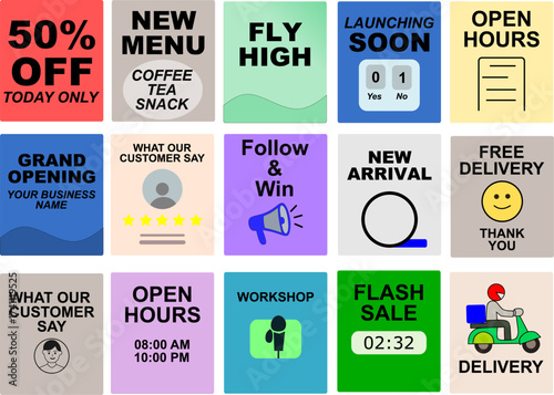 Collection of Business Promotion Designs or Social Media Marketing Templates.
