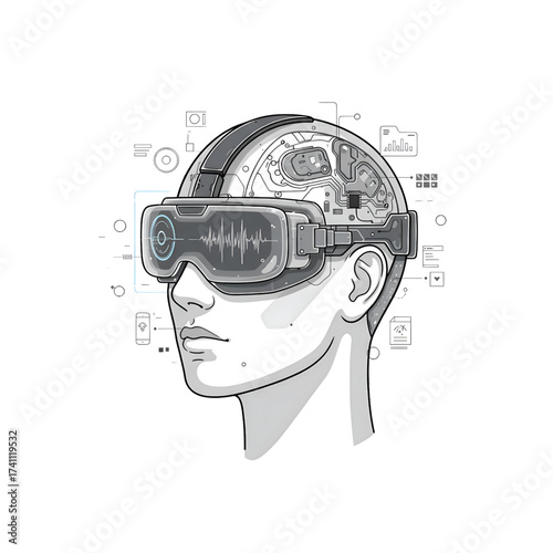 Human face with futuristic VR glasses and floating holograms