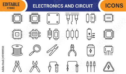 Engineering and electronics outline icons, vector collection of circuit design elements
