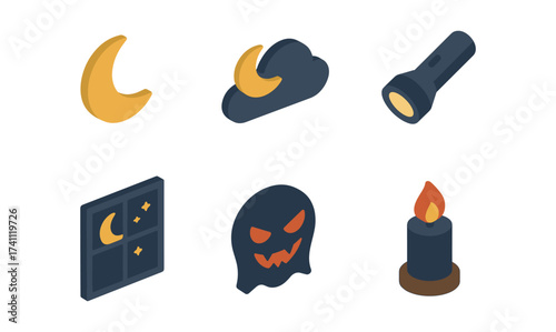 Isometric halloween night elements with ghost, moon, cloud, and candle