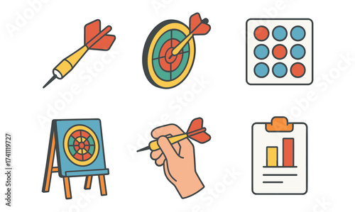 Colorful target and darts collection for goal setting and accuracy concepts