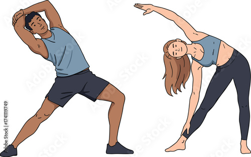 Couple doing side stretches, fitness illustration, flexibility exercise scene, active lifestyle artwork, proper stretching form, outdoor workout, wellness activity