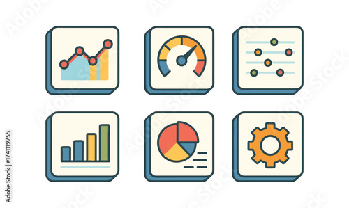 Vintage style data analytics icons set featuring graphs and charts for business applications