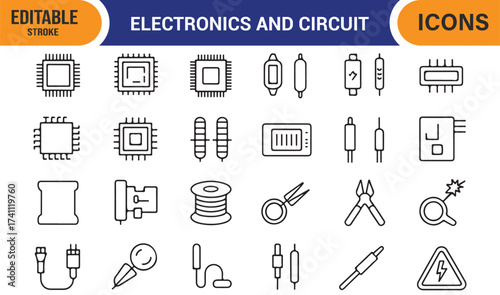 Technology and circuit icon set, minimal vector symbols for electronics and innovation design