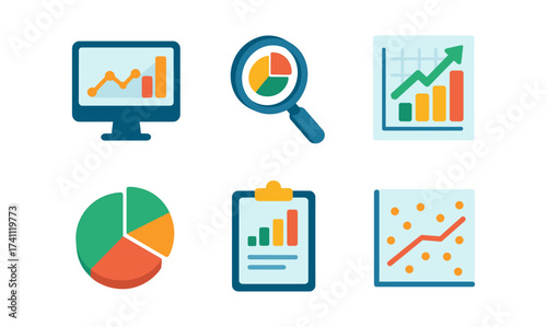 Colorful flat style analytics and chart icons for data visualization