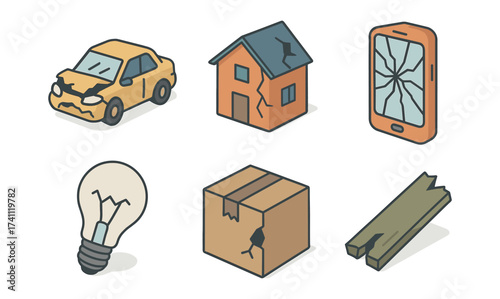 Cracked and damaged icons set: car, house, phone, bulb, box, wood