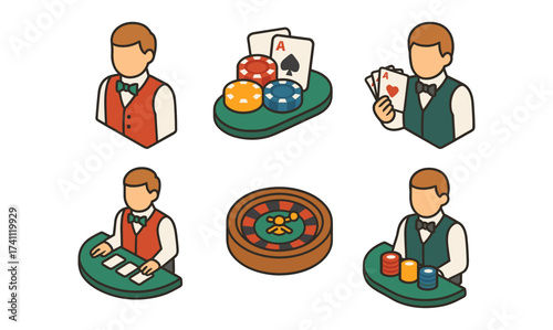 Isometric casino dealer icons: roulette, cards, chips, and table games