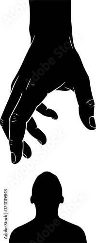 Black Vector Silhouette: Hand Reaching Down (Divine Intervention)	A symbolic black vector silhouette of a large, disembodied hand reaching down from the top of the frame towards a small human figure 