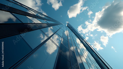 Wallpaper Mural Perspective view of a towering high-rise building with a dark steel window system, reflecting clouds - a futuristic business architecture concept in 3D rendering. Torontodigital.ca