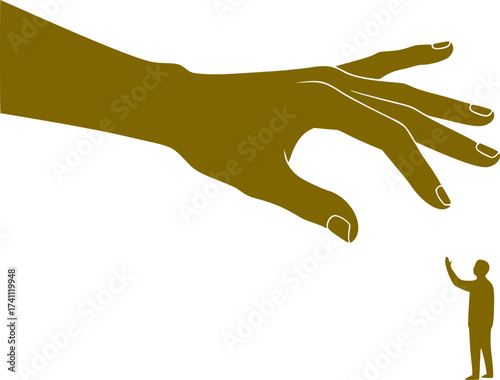 Black Vector Silhouette: Hand Reaching Down (Divine Intervention)	A symbolic black vector silhouette of a large, disembodied hand reaching down from the top of the frame towards a small human figure 