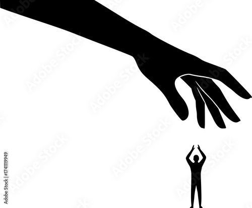 Black Vector Silhouette: Hand Reaching Down (Divine Intervention)	A symbolic black vector silhouette of a large, disembodied hand reaching down from the top of the frame towards a small human figure 