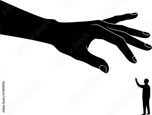 Black Vector Silhouette: Hand Reaching Down (Divine Intervention)	A symbolic black vector silhouette of a large, disembodied hand reaching down from the top of the frame towards a small human figure 