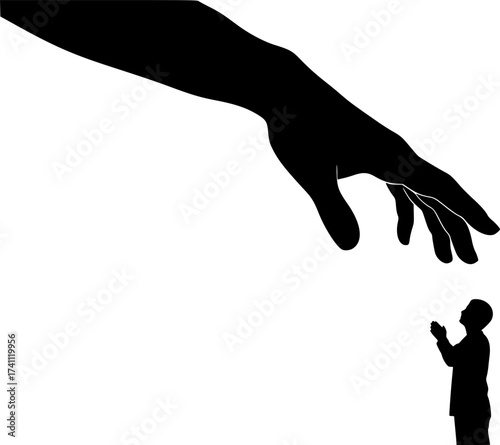 Black Vector Silhouette: Hand Reaching Down (Divine Intervention)	A symbolic black vector silhouette of a large, disembodied hand reaching down from the top of the frame towards a small human figure 