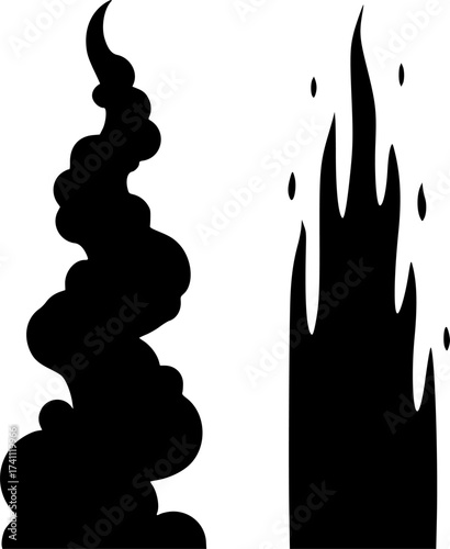 Black Vector Silhouette: Pillar of Fire and Cloud	A conceptual black vector silhouette depicting two distinct vertical shapes: one representing a swirling pillar of smoke/cloud and the other represent