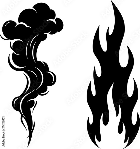 Black Vector Silhouette: Pillar of Fire and Cloud	A conceptual black vector silhouette depicting two distinct vertical shapes: one representing a swirling pillar of smoke/cloud and the other represent