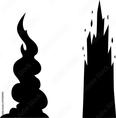 Black Vector Silhouette: Pillar of Fire and Cloud	A conceptual black vector silhouette depicting two distinct vertical shapes: one representing a swirling pillar of smoke/cloud and the other represent