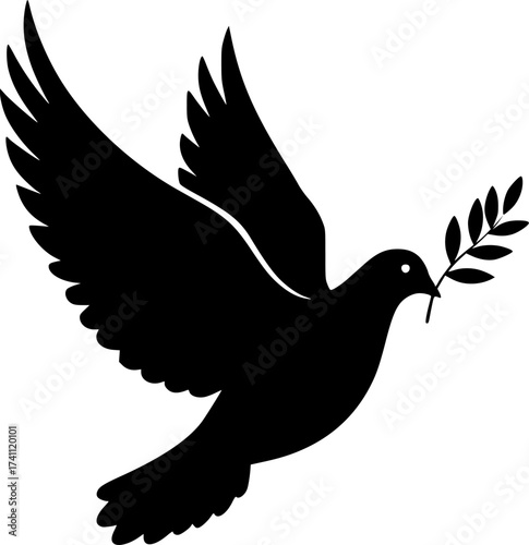 Black Vector Silhouette: Dove with Olive Branch (Peace & Covenant) A graceful black vector silhouette of a dove in flight carrying a single olive branch in its beak. Represents peace, t
