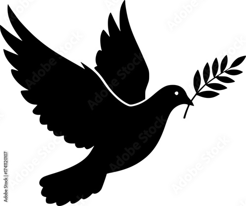 Black Vector Silhouette: Dove with Olive Branch (Peace & Covenant) A graceful black vector silhouette of a dove in flight carrying a single olive branch in its beak. Represents peace, t