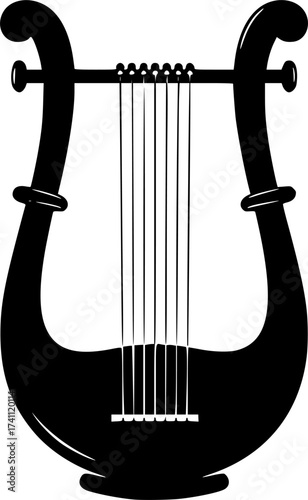Black Vector Silhouette: Harp or Lyre (Praise & David)	A detailed black vector silhouette of a Harp or Lyre (ancient stringed instrument), often associated with King David and themes of praise, music,